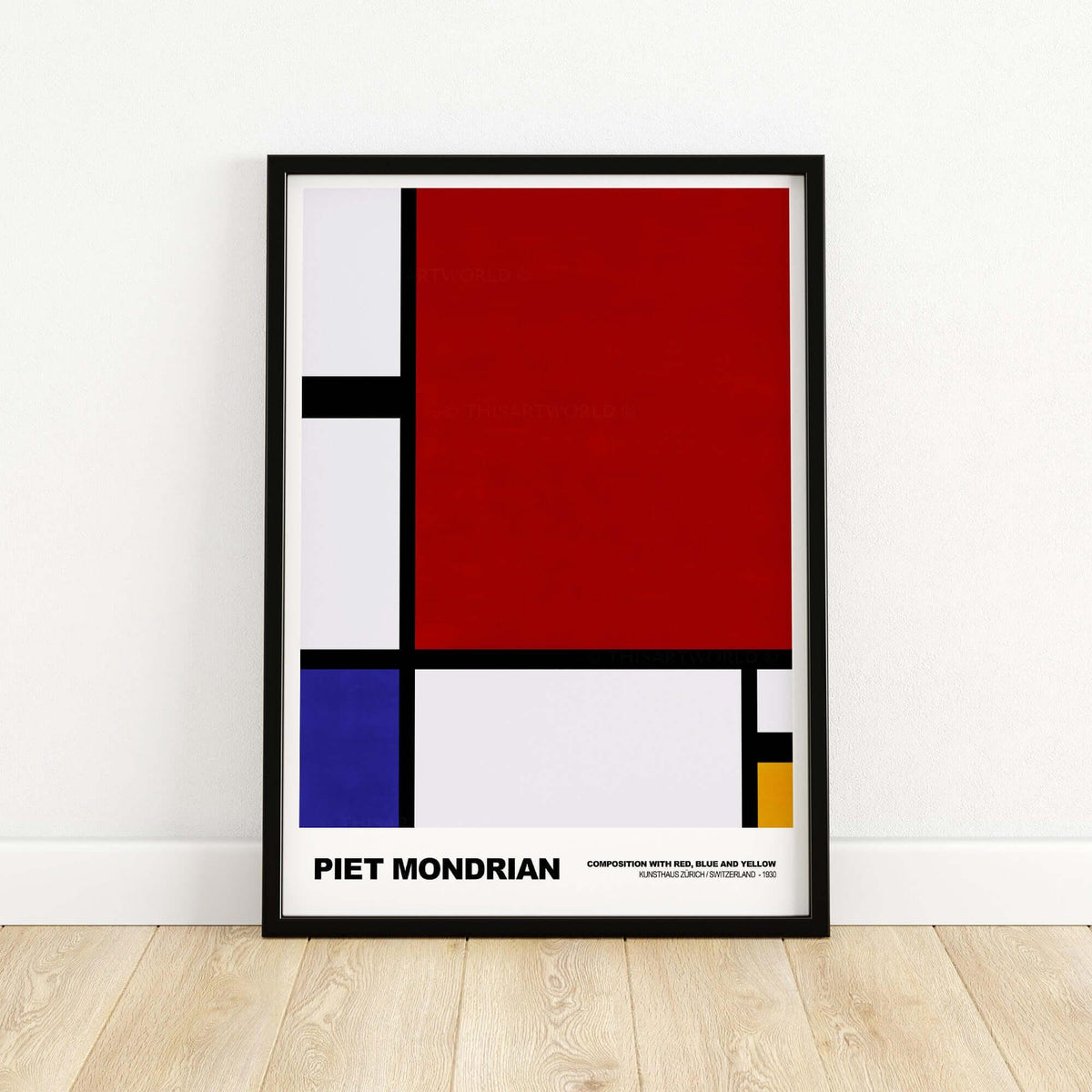 Piet Mondrian Composition Red Blue Yellow 1930 Abstract Art Print Poster Geometric in a black frame on wooden floor.