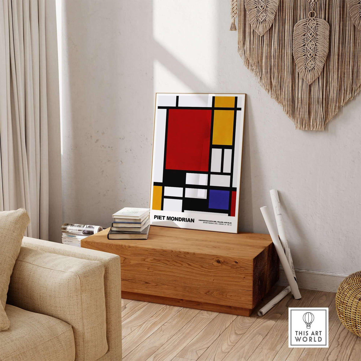Piet Mondrian Composition Red Yellow Blue 1939 De Stijl Poster Geometric Abstract Print displayed in a modern interior.