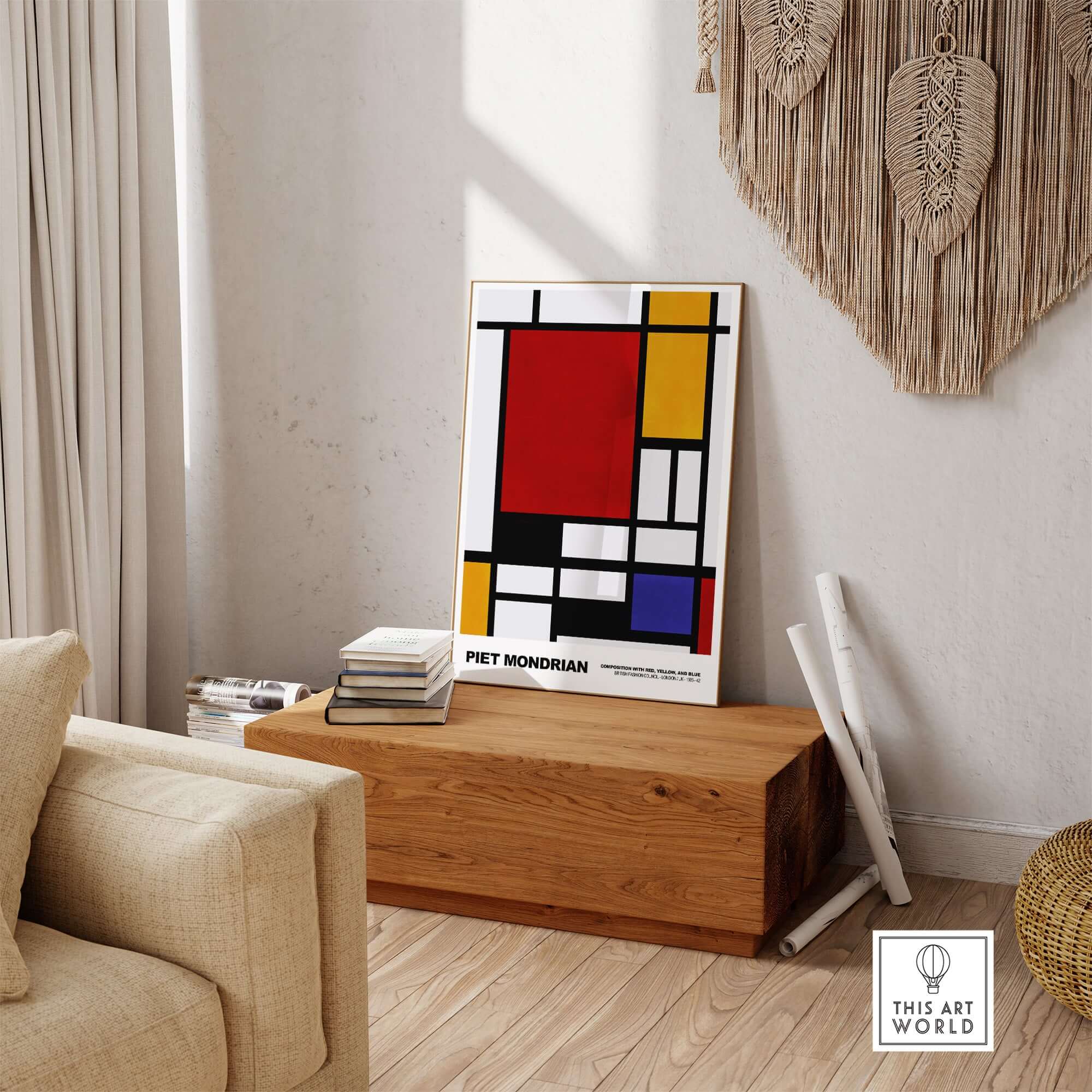 Piet Mondrian Composition Red Yellow Blue 1939 De Stijl Poster Geometric Abstract Print displayed in a modern interior.