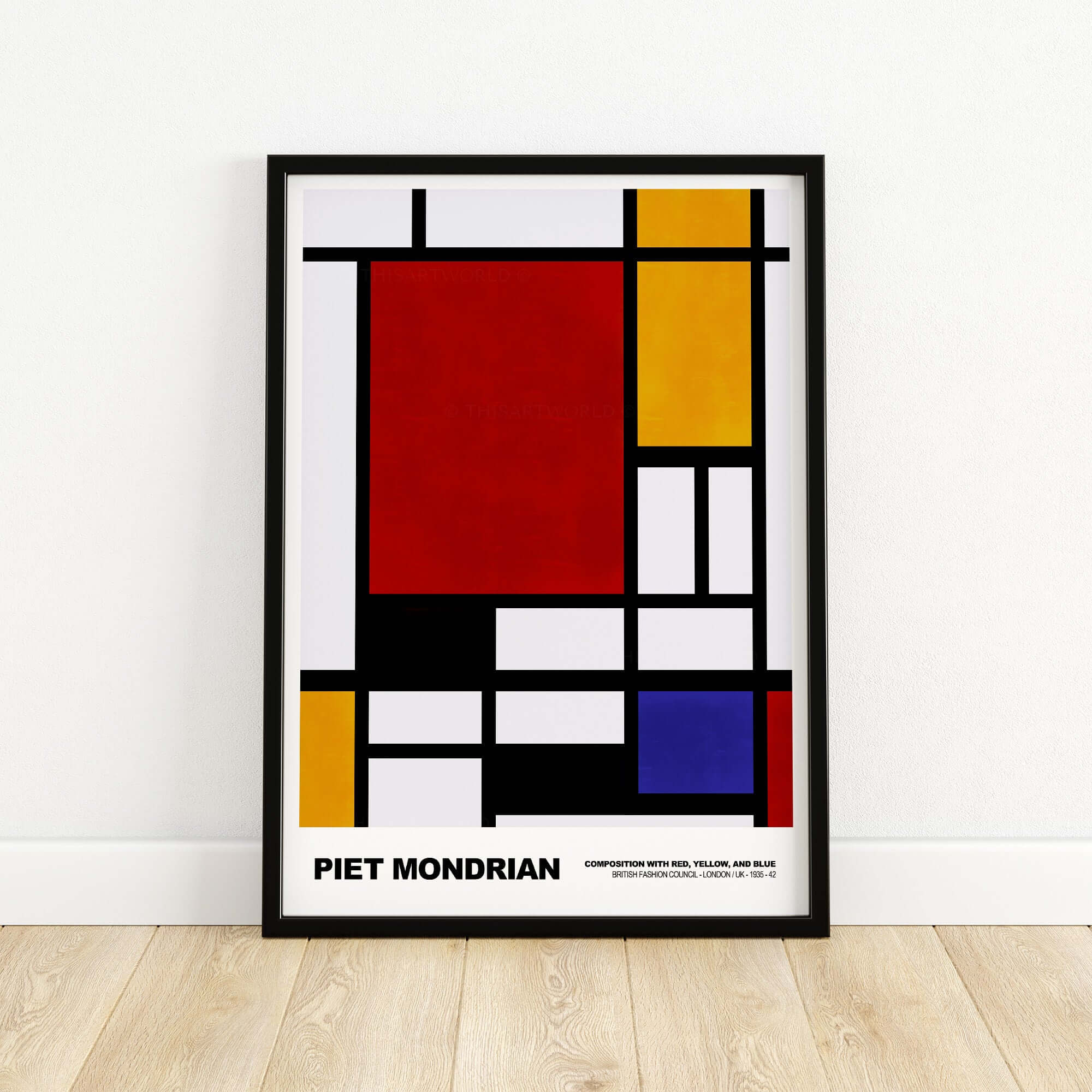Piet Mondrian Composition Red Yellow Blue 1939 De Stijl Poster Geometric Abstract Print framed on a wall.