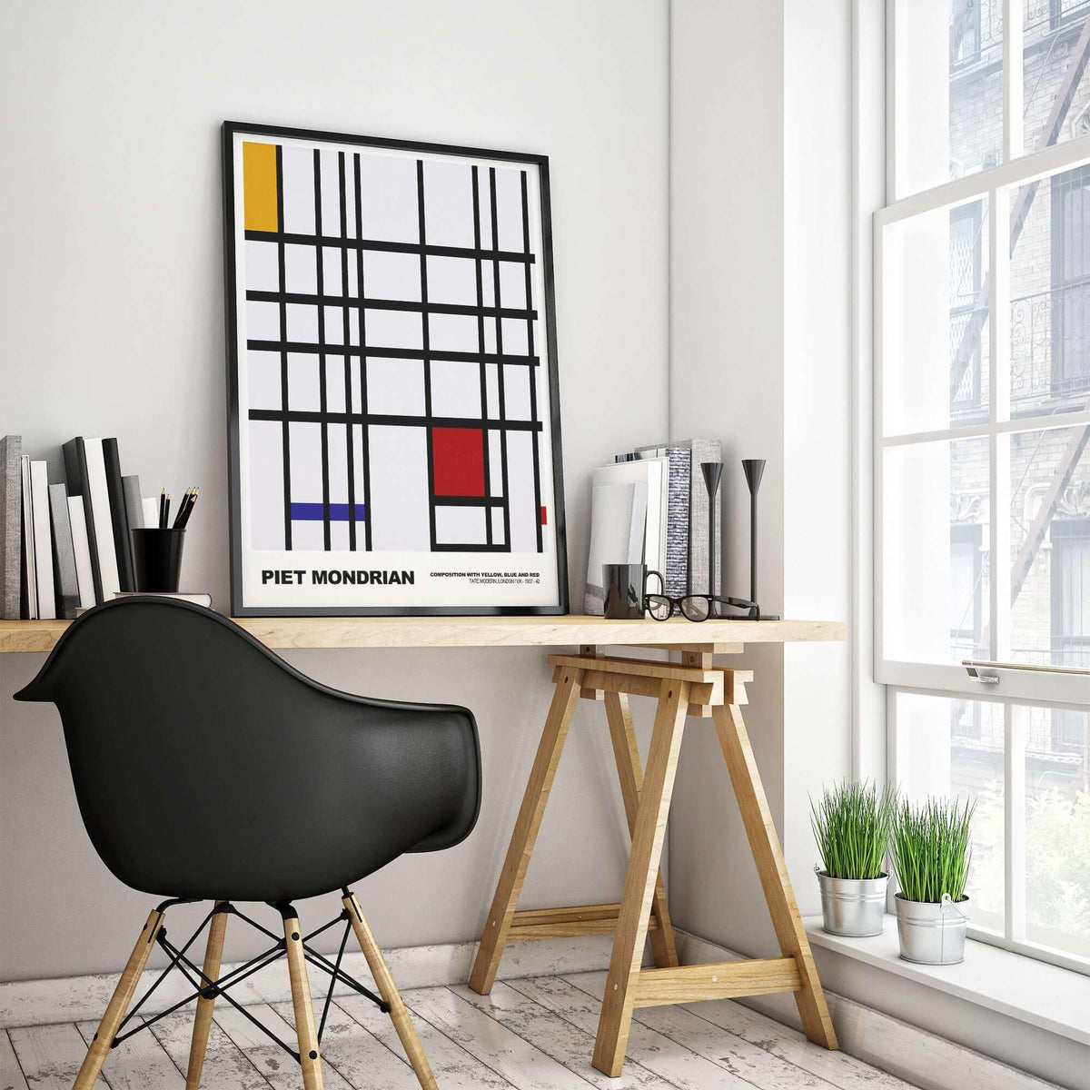 Piet Mondrian Composition Yellow Blue Red 1937 Abstract Grid Art Print Poster Lines displayed in a modern interior setting.