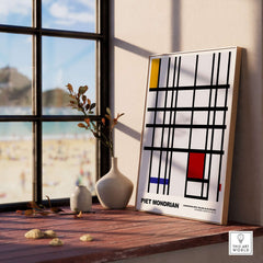 Piet Mondrian Composition Yellow Blue Red 1937 Abstract Grid Art Print Poster Lines displayed on a windowsill with a beach view.