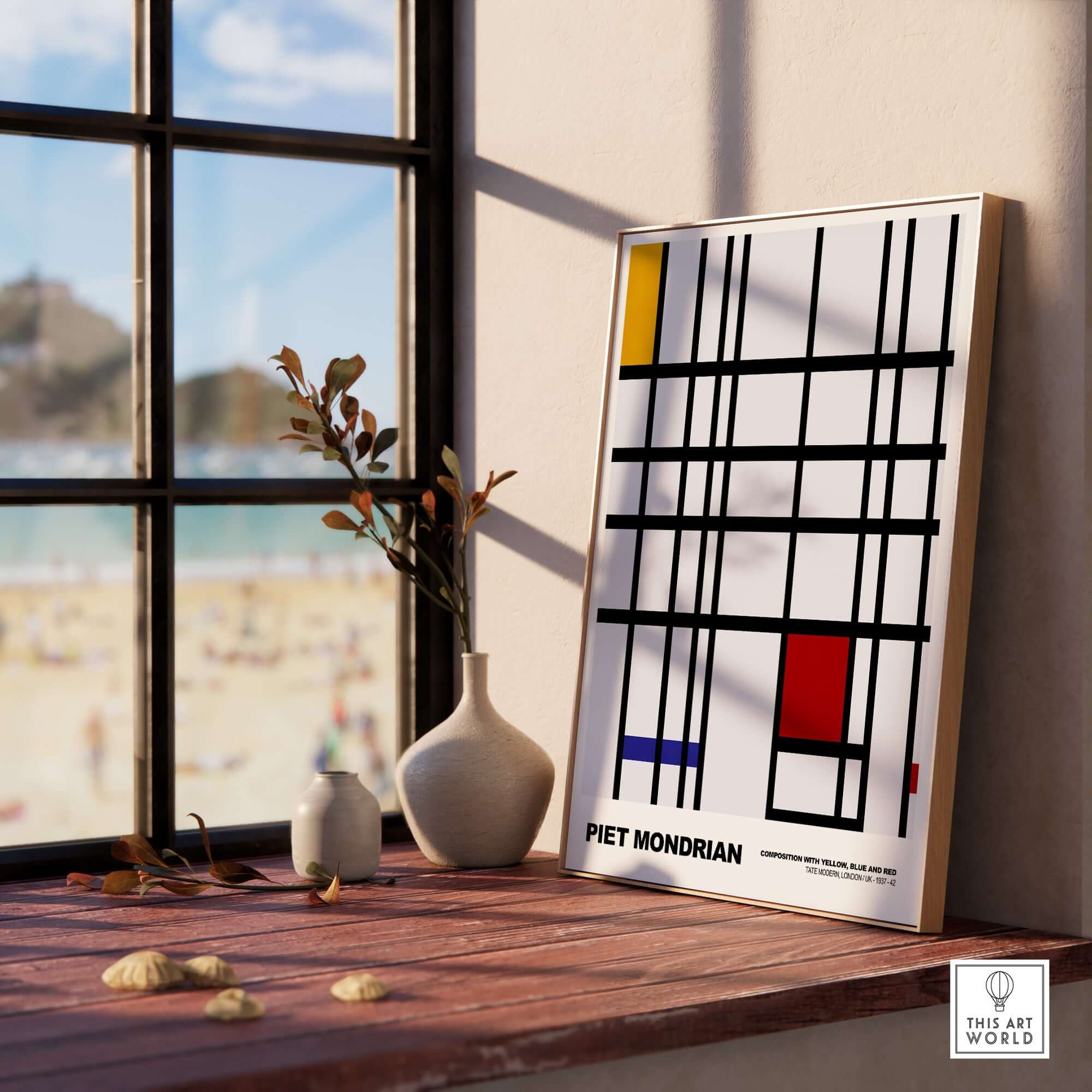 Piet Mondrian Composition Yellow Blue Red 1937 Abstract Grid Art Print Poster Lines displayed on a windowsill with a beach view.