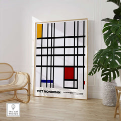 Piet Mondrian Composition Yellow Blue Red 1937 Abstract Grid Art Print Poster Lines in a modern interior setting.