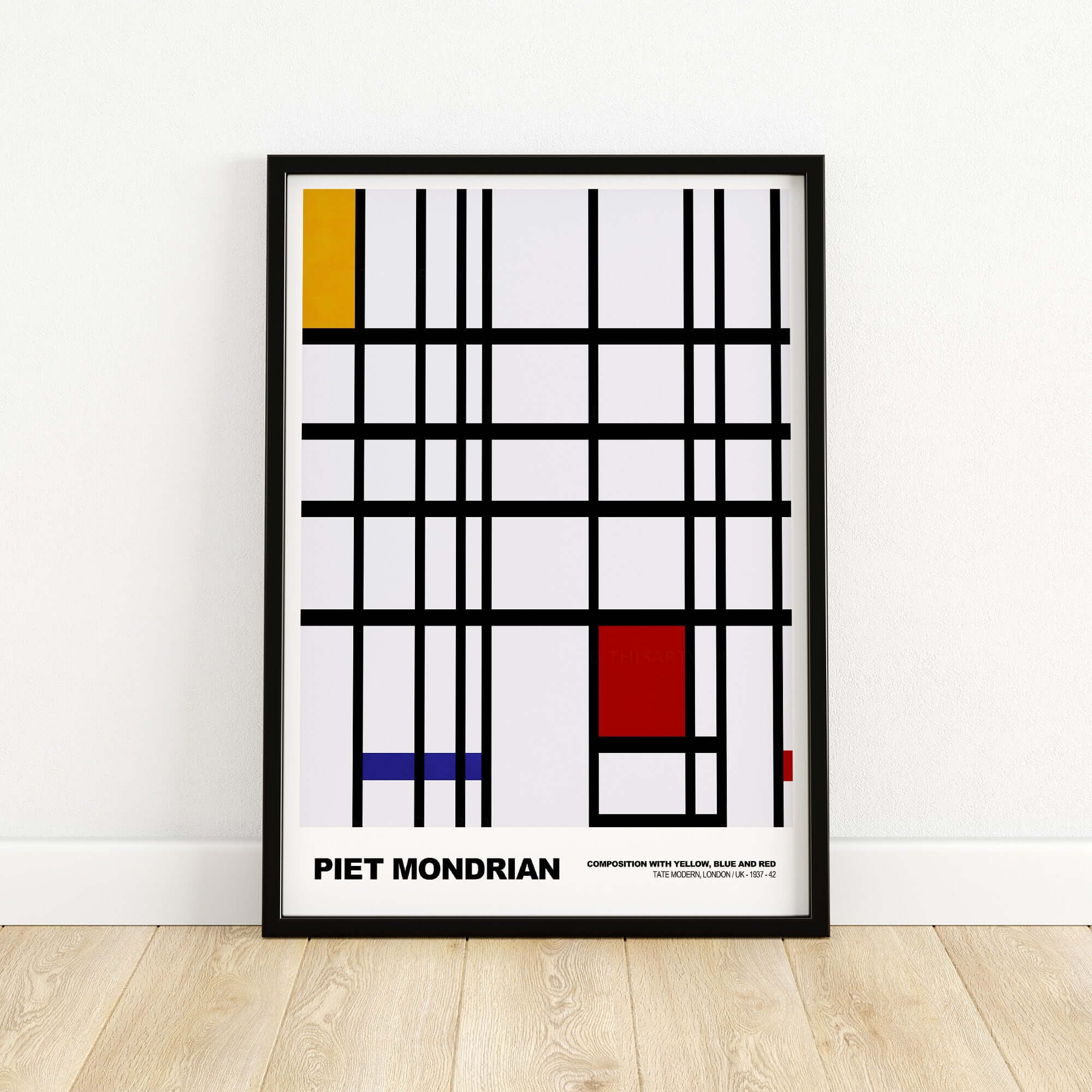 Piet Mondrian Composition Yellow Blue Red 1937 Abstract Grid Art Print Poster Lines framed on a wall with a wooden floor.