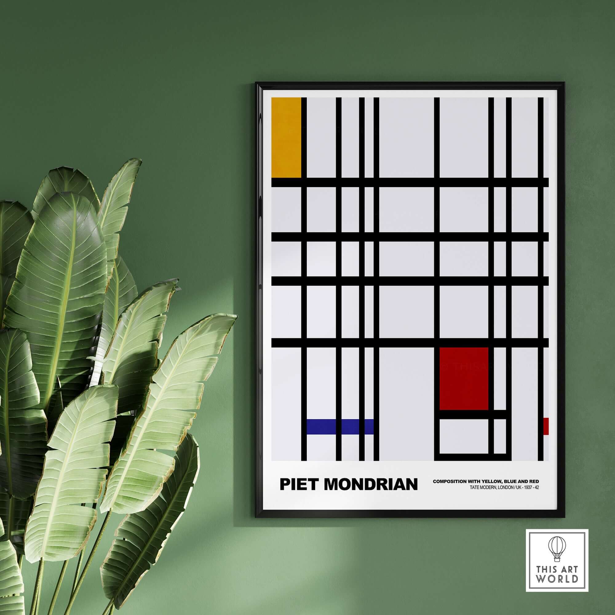 Piet Mondrian Composition Yellow Blue Red 1937 Abstract Grid Art Print Poster Lines framed on a green wall with plants.