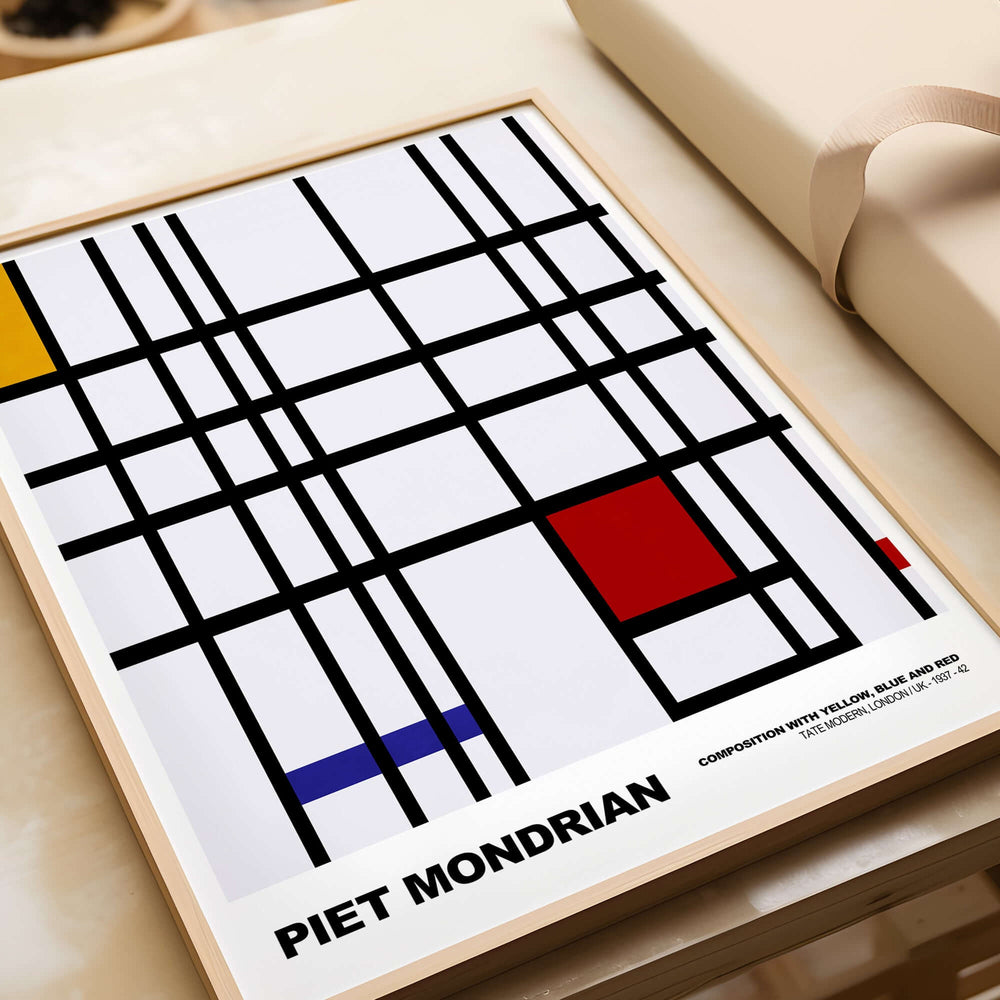 Piet Mondrian Composition Yellow Blue Red 1937 Abstract Grid Art Print Poster Lines displayed in a wooden frame.