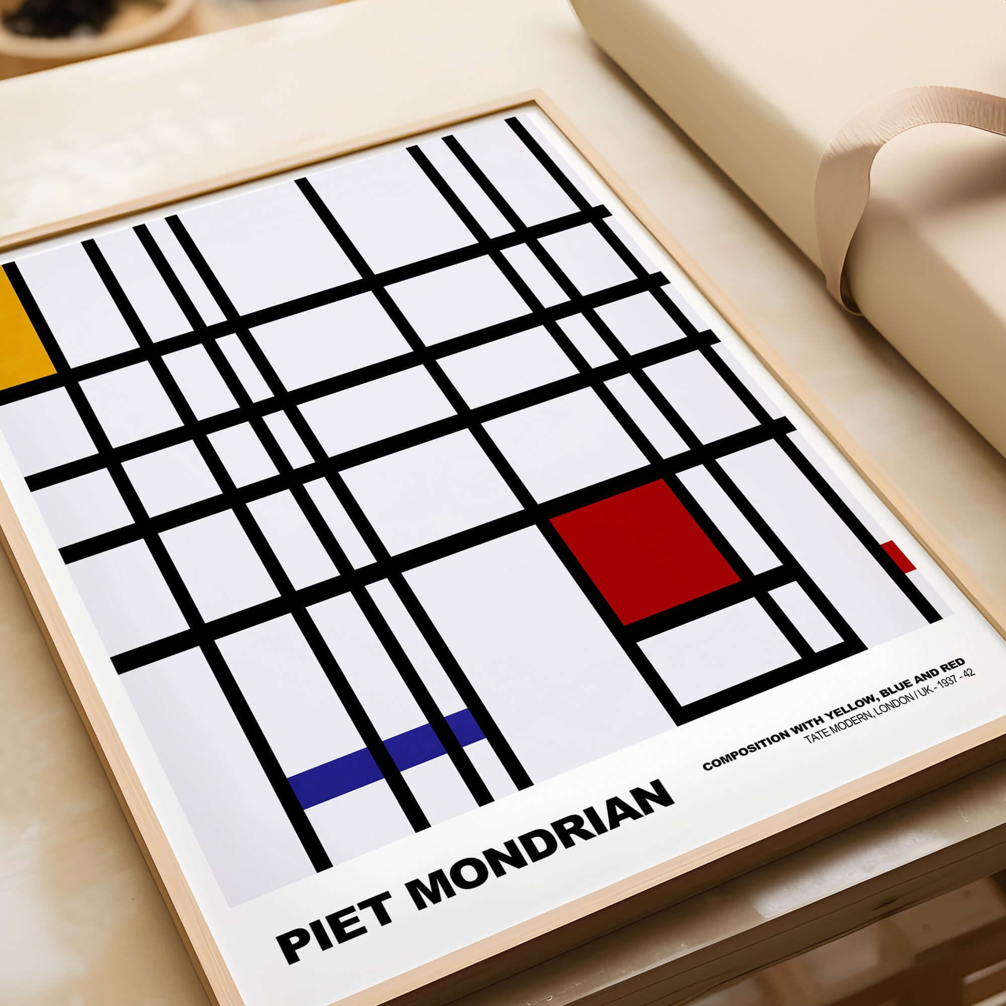 Piet Mondrian Composition Yellow Blue Red 1937 Abstract Grid Art Print Poster Lines displayed in a wooden frame.