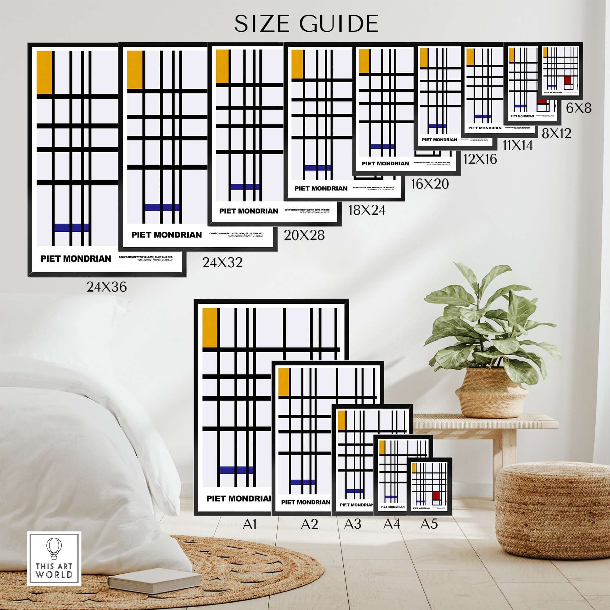 Piet Mondrian Composition Yellow Blue Red 1937 Abstract Grid Art Print Poster Lines Size Guide Display
