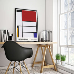 Piet Mondrian Tableau I 1921 De Stijl Abstract Geometric Poster Modern Art Print displayed in a bright modern office setting.