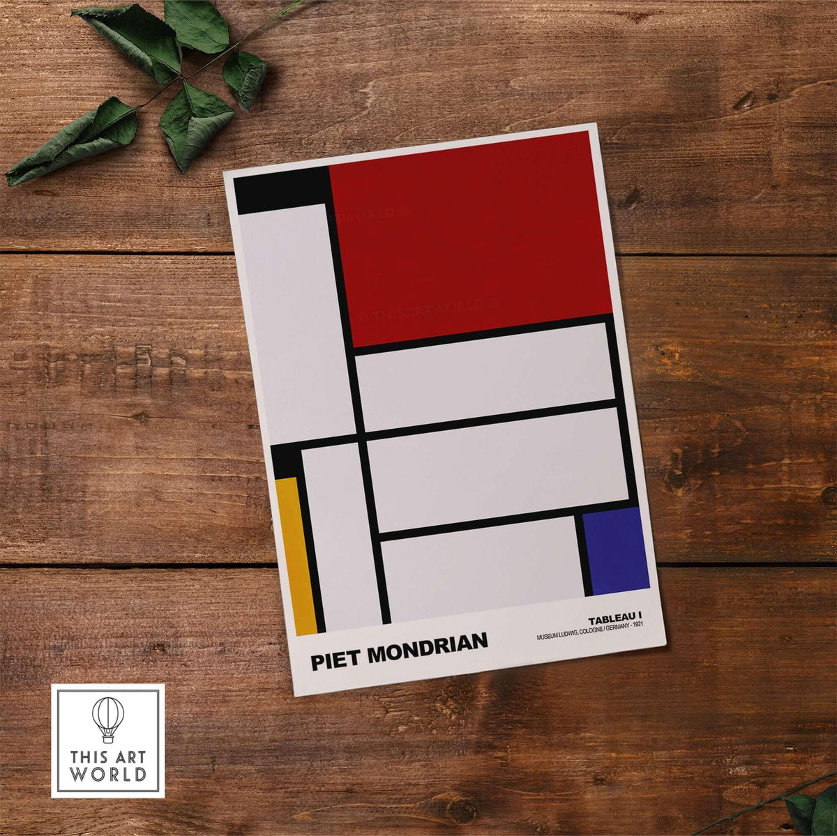 Piet Mondrian Tableau I 1921 De Stijl Abstract Geometric Poster Modern Art Print displayed on a wooden table.