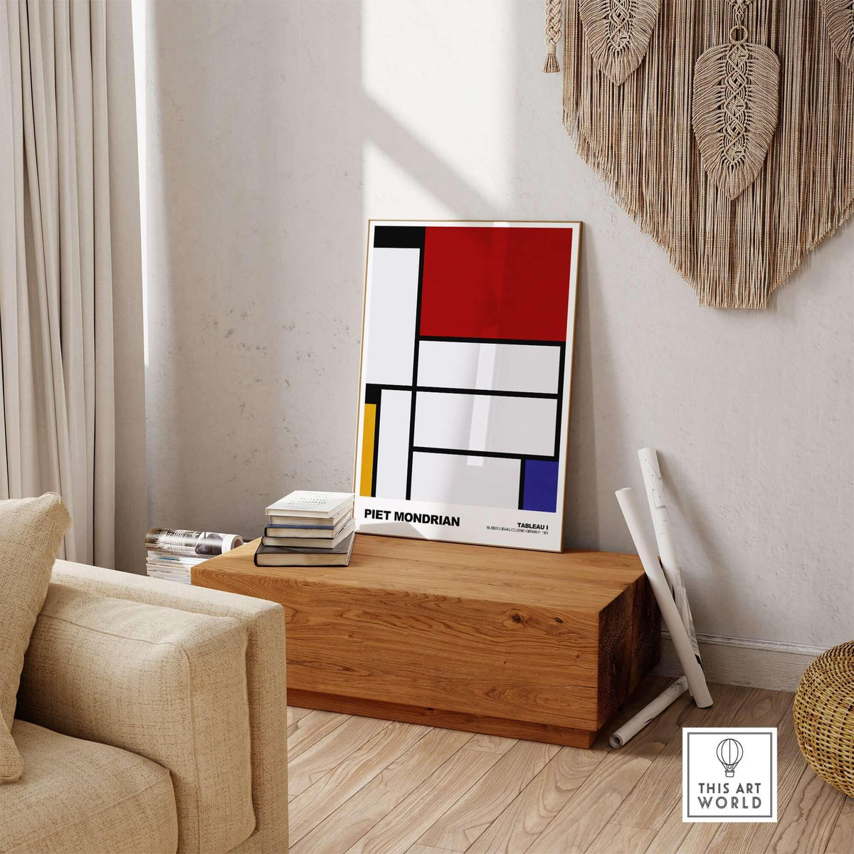Piet Mondrian Tableau I 1921 De Stijl Abstract Geometric Poster Modern Art Print displayed in a modern living room.