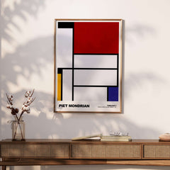 Piet Mondrian Tableau I 1921 De Stijl Abstract Geometric Poster Modern Art Print displayed on a wall.