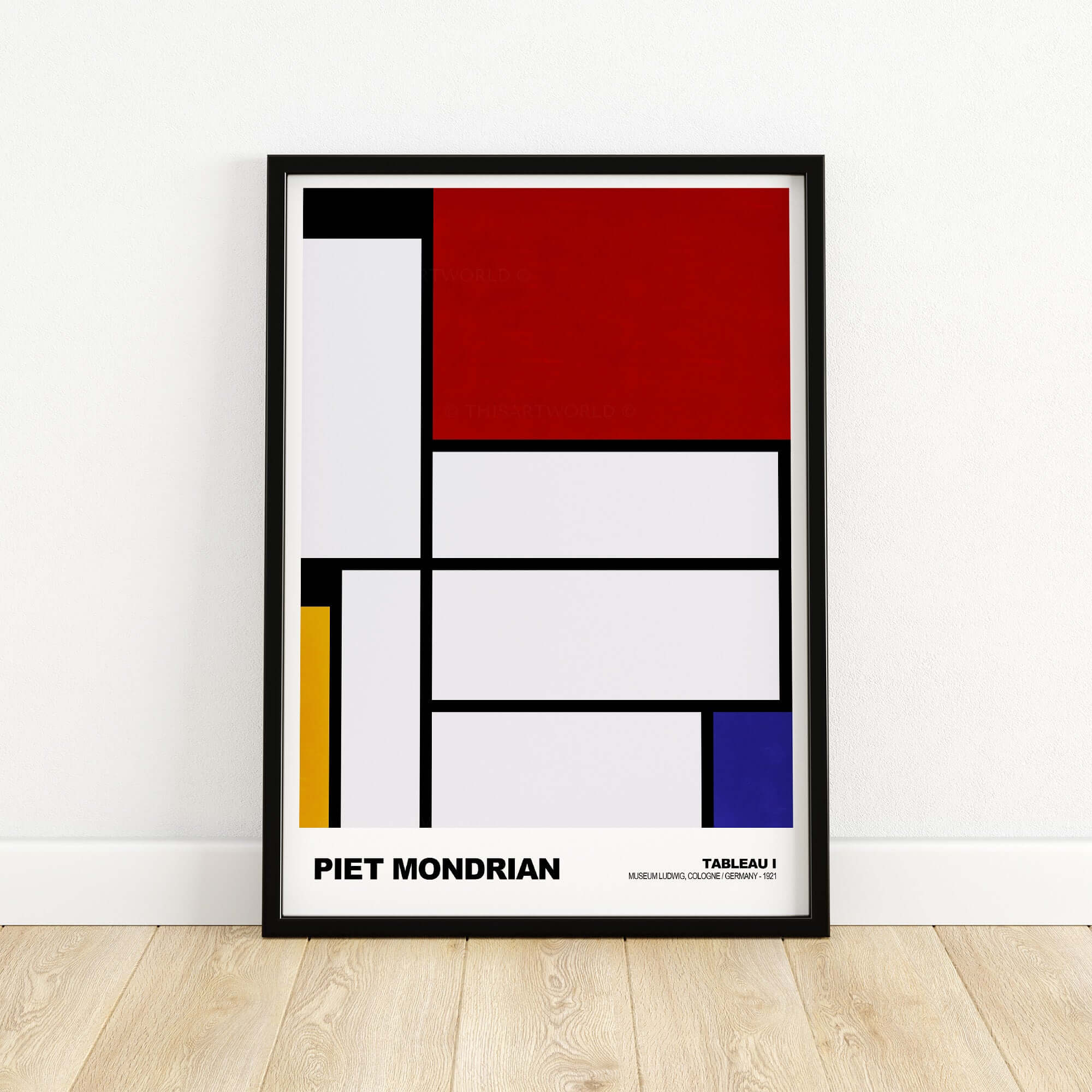 Piet Mondrian Tableau I 1921 De Stijl Abstract Geometric Poster Modern Art Print displayed in a black frame.