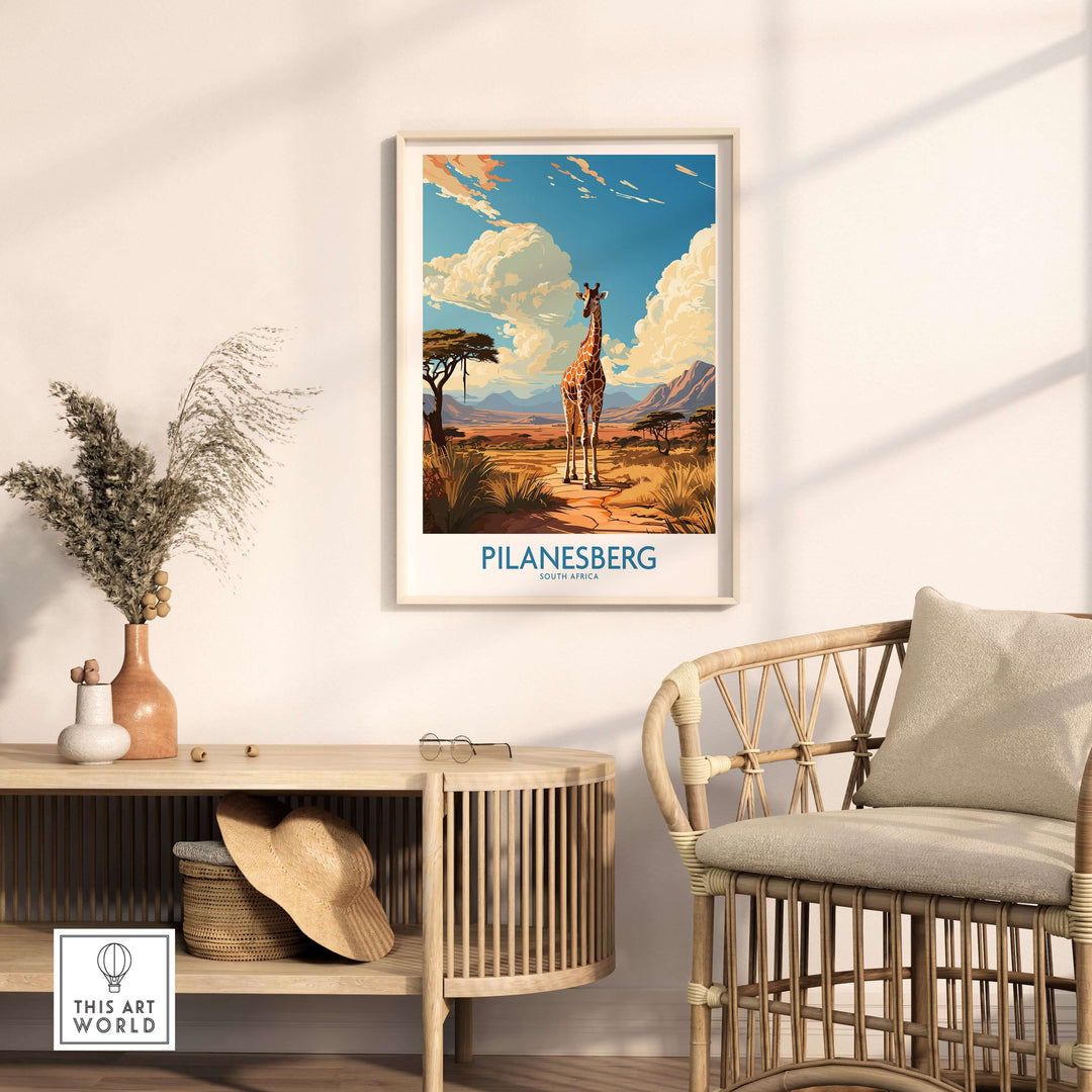 Pilanesberg Game Reserve poster featuring a giraffe in a savannah landscape, ideal for nature-inspired decor.