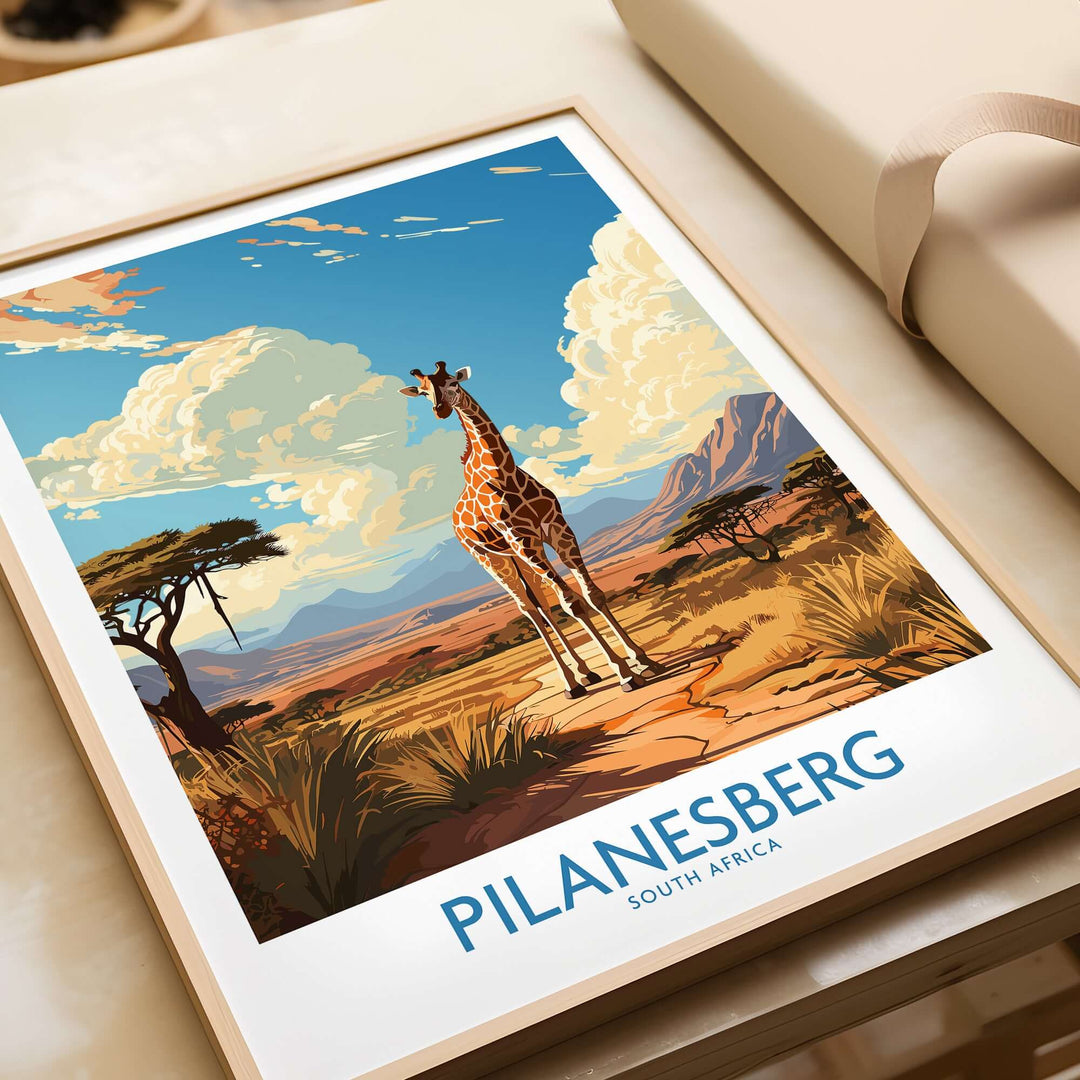 Pilanesberg South Africa game reserve poster featuring a giraffe in a vibrant savannah landscape.