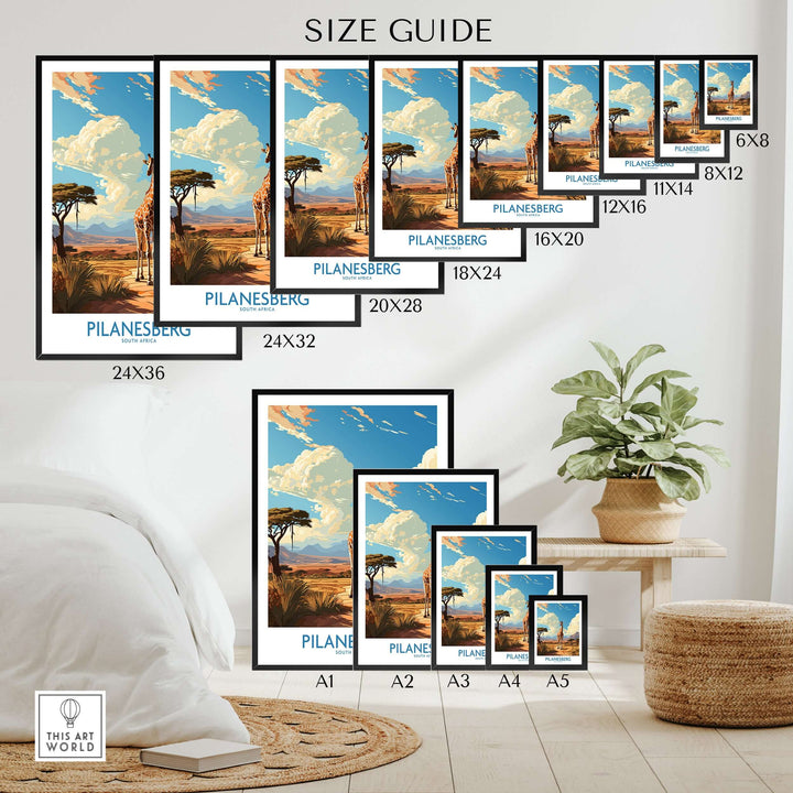 Pilanesberg South Africa Game Reserve poster size guide showcasing various print sizes.