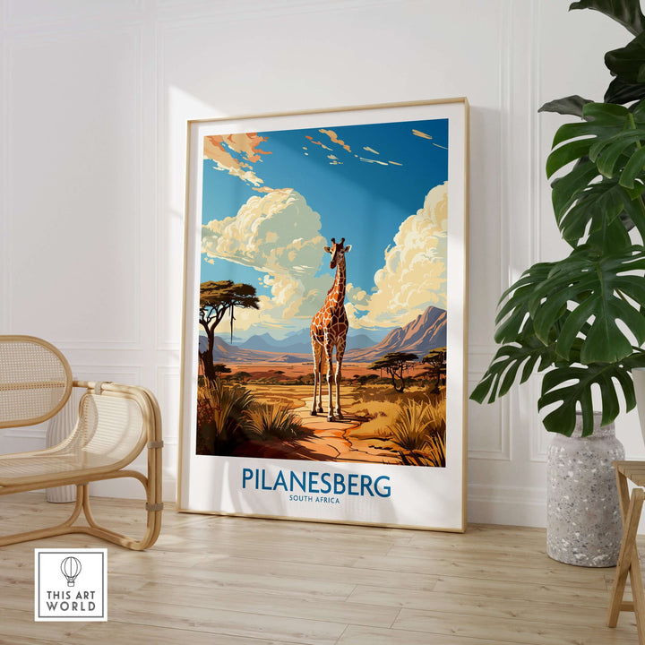 Pilanesberg South Africa poster featuring a giraffe in savannah landscape decor.