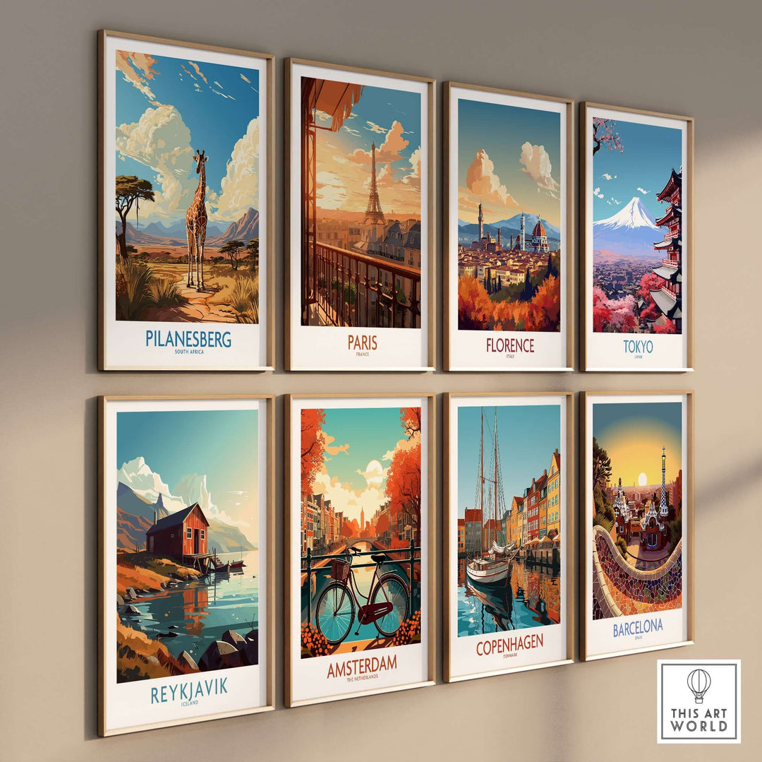 Collection of travel posters including Pilanesberg, Paris, Florence, Tokyo, Reykjavik, Amsterdam, Copenhagen, and Barcelona