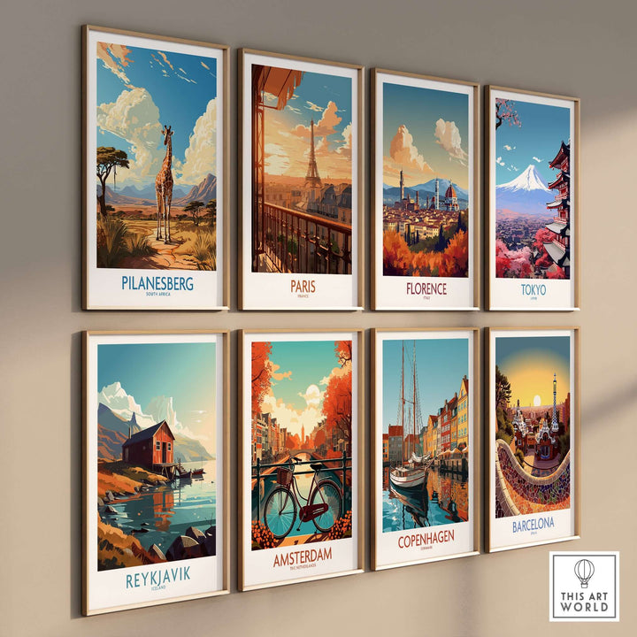 Collection of travel posters including Pilanesberg, Paris, Florence, Tokyo, Reykjavik, Amsterdam, Copenhagen, and Barcelona
