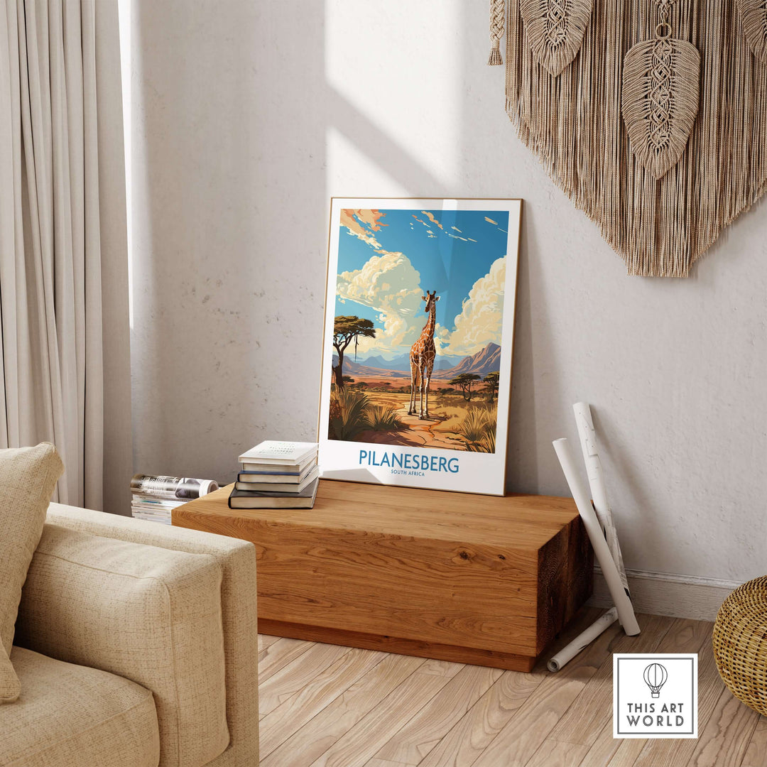 Pilanesberg South Africa Game Reserve poster featuring a giraffe in a savannah landscape decor.
