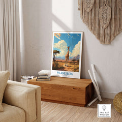 Pilanesberg South Africa Game Reserve Poster - Savannah Landscape Decor featuring a giraffe in a beautiful landscape.