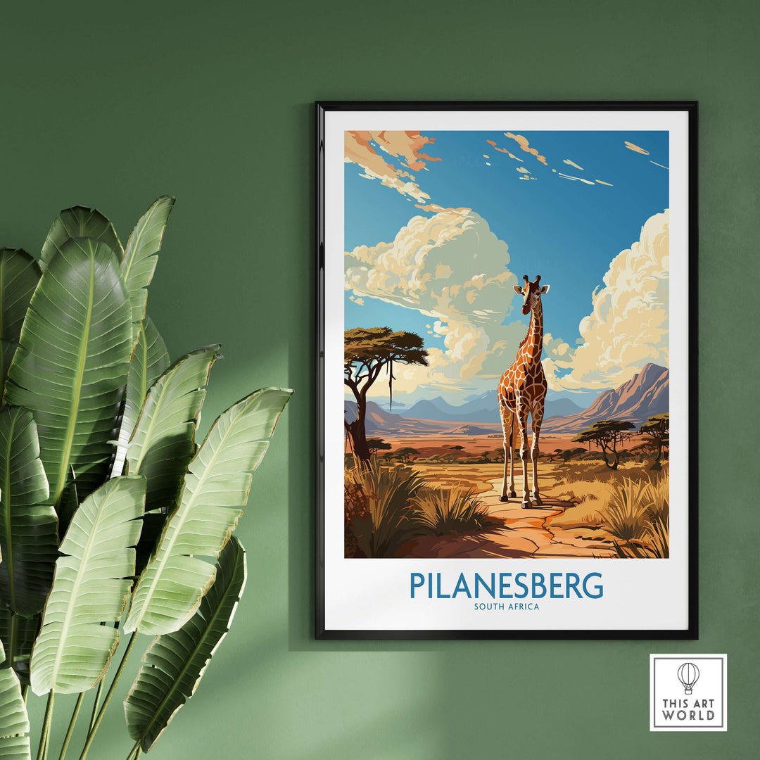 Pilanesberg South Africa Game Reserve poster featuring a giraffe in a vibrant savannah landscape.