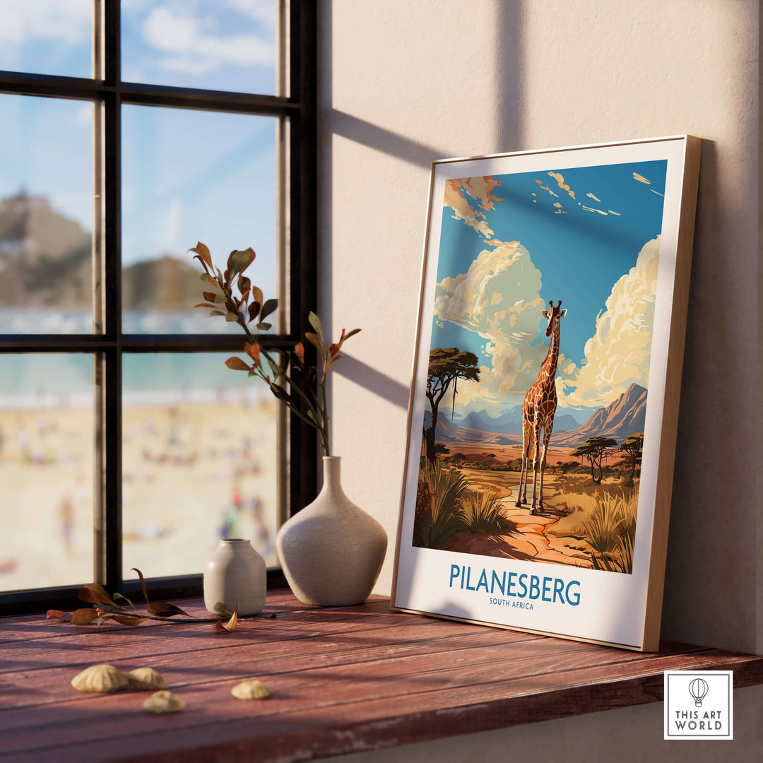 Pilanesberg South Africa Game Reserve poster featuring a giraffe in a savannah landscape decor.