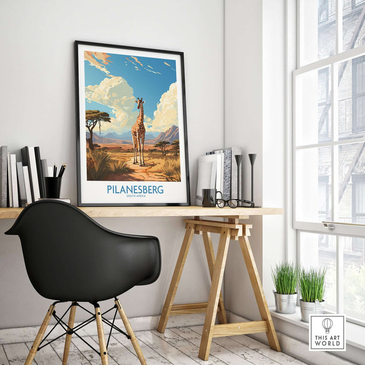 Pilanesberg Game Reserve poster featuring a giraffe in a savannah landscape, perfect decor for nature lovers.