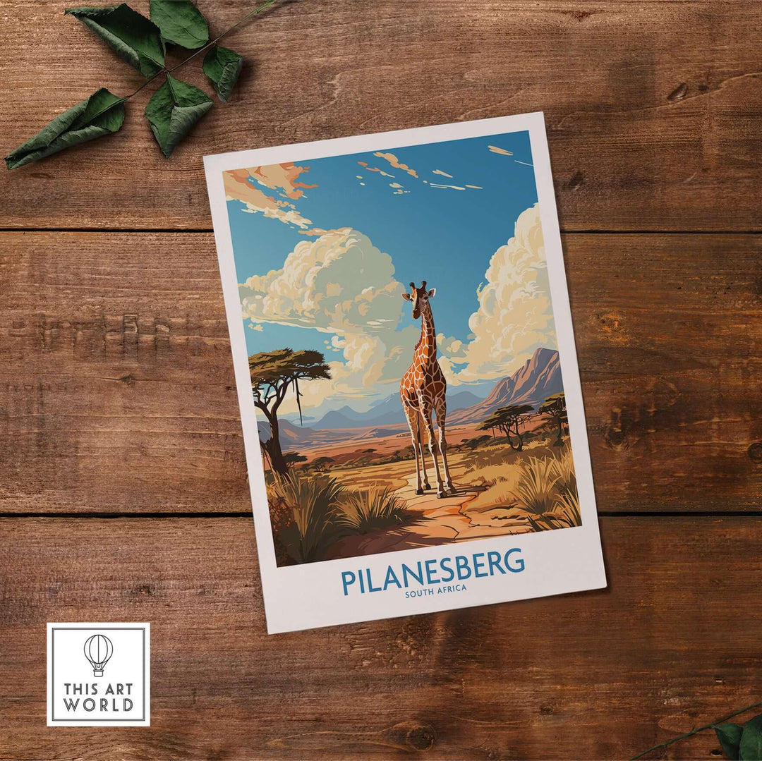 Pilanesberg South Africa game reserve poster featuring a giraffe in a savannah landscape, perfect for nature decor.