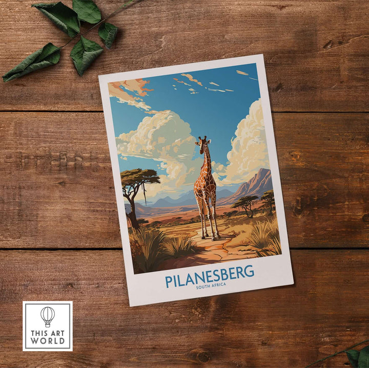 Pilanesberg South Africa game reserve poster featuring a giraffe in a savannah landscape, perfect for nature decor.