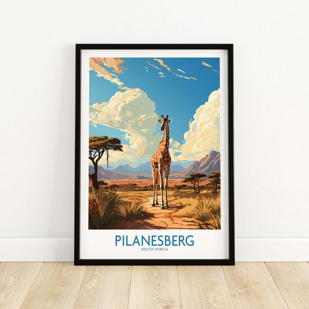 Pilanesberg South Africa game reserve poster featuring a giraffe in a vibrant savannah landscape.