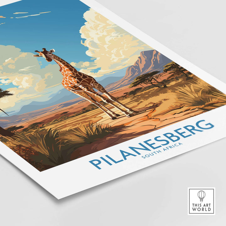 Pilanesberg South Africa poster featuring a giraffe in a stunning savannah landscape.