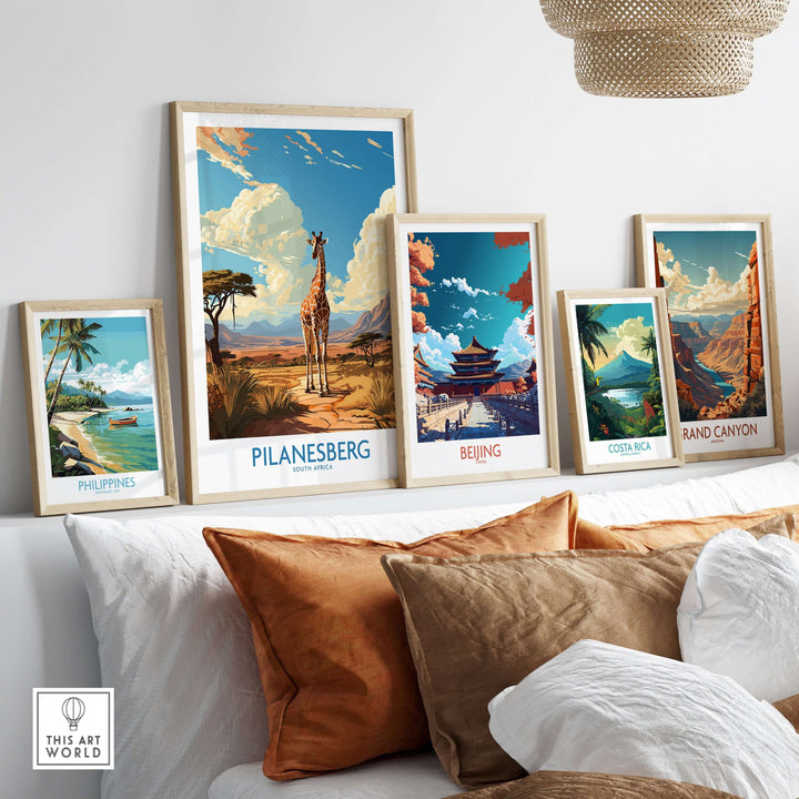 Pilanesberg South Africa Game Reserve poster with a giraffe, showcasing savannah landscape decor.