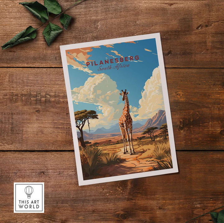 Pilanesberg South Africa giraffe safari print showcasing African wildlife against a beautiful landscape.
