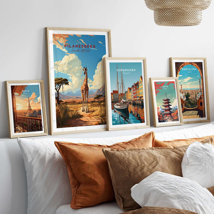 Pilanesberg giraffe safari print showcasing African wildlife against a colorful landscape in a stylish home setting.
