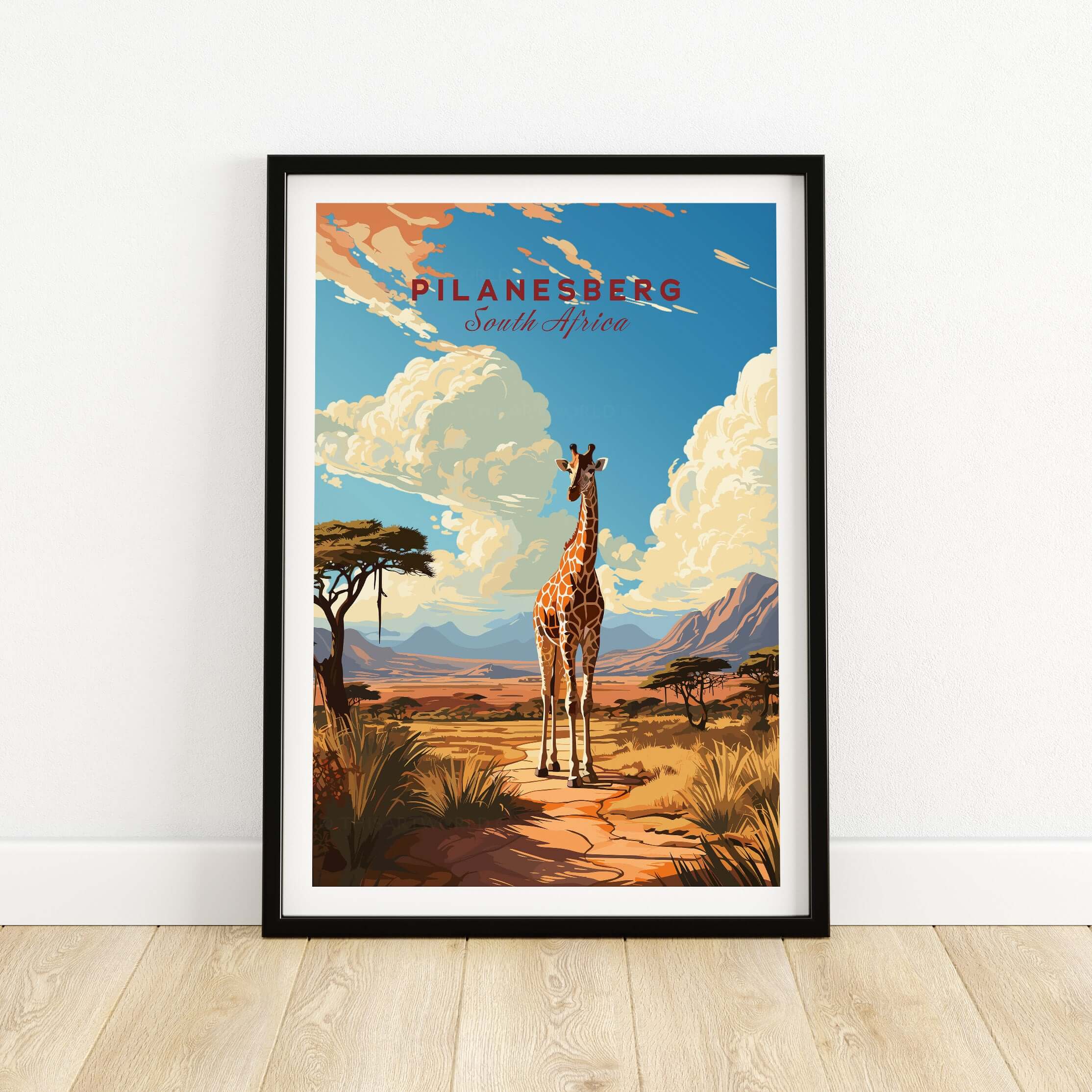 Pilanesberg South Africa Giraffe Safari Print - African Wildlife Wall Art featuring a giraffe against a vibrant landscape.
