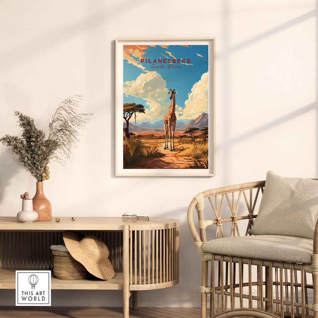 Pilanesberg South Africa giraffe safari print on wall, showcasing African wildlife in a modern interior setting.