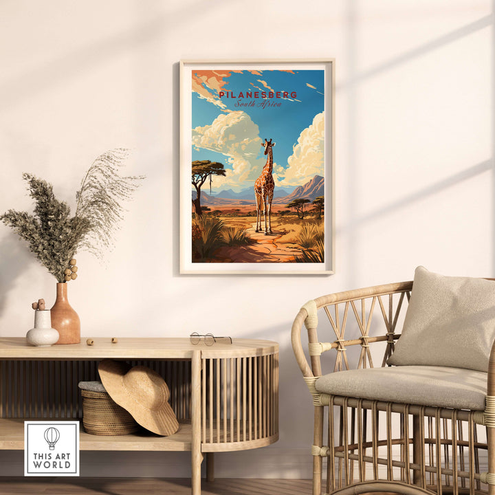 Pilanesberg South Africa giraffe safari print on wall, showcasing African wildlife in a modern interior setting.