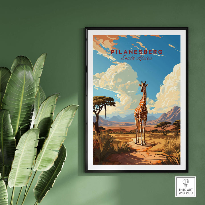 Pilanesberg South Africa giraffe safari print showcasing wildlife and landscapes, ideal for wall art in nature-themed decor.