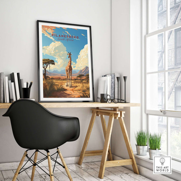 Pilanesberg giraffe safari print displayed in a modern home office setting, showcasing African wildlife wall art.