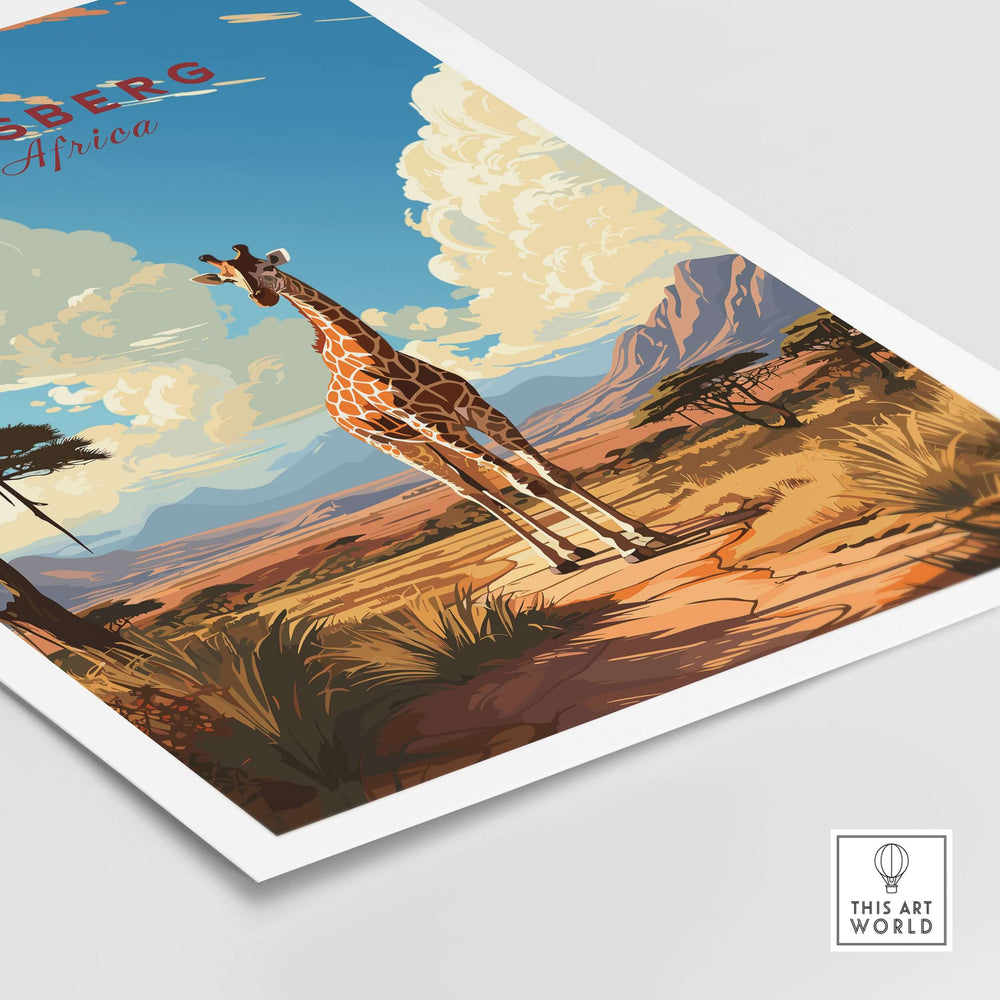 Pilanesberg South Africa giraffe safari print showcasing African wildlife in a stunning landscape.