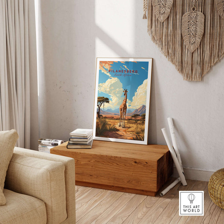 Pilanesberg South Africa giraffe safari print wall art displayed in a cozy living room setting.