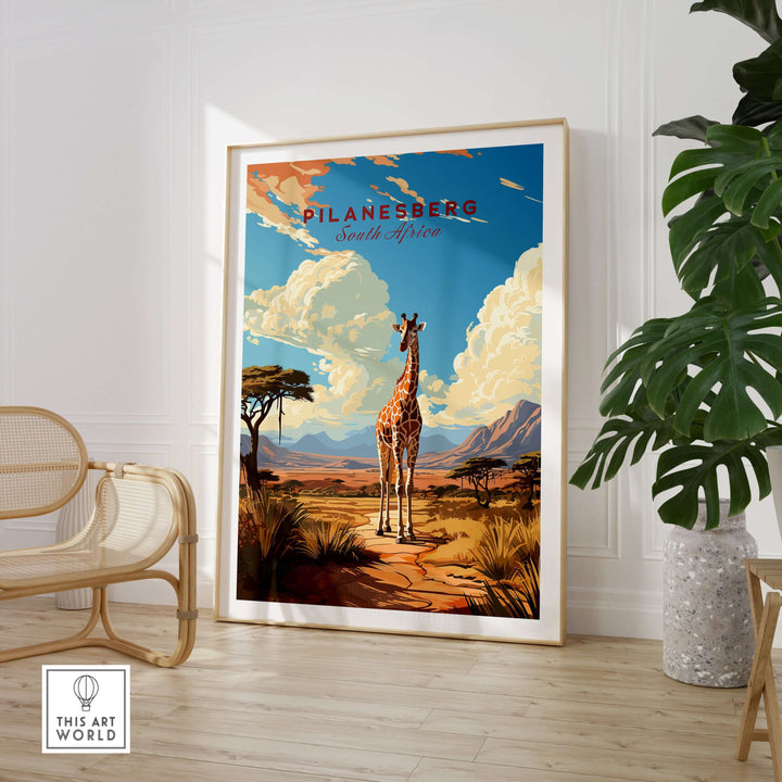 Giraffe safari print from Pilanesberg, South Africa, showcasing African wildlife wall art in a modern interior setting.