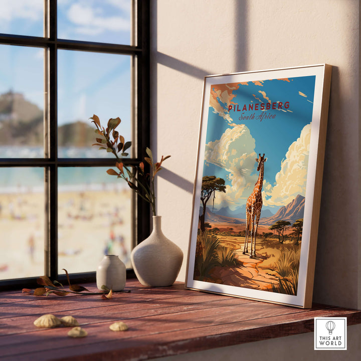 Pilanesberg giraffe safari print placed on a windowsill with a beautiful outdoor view, showcasing African wildlife art.