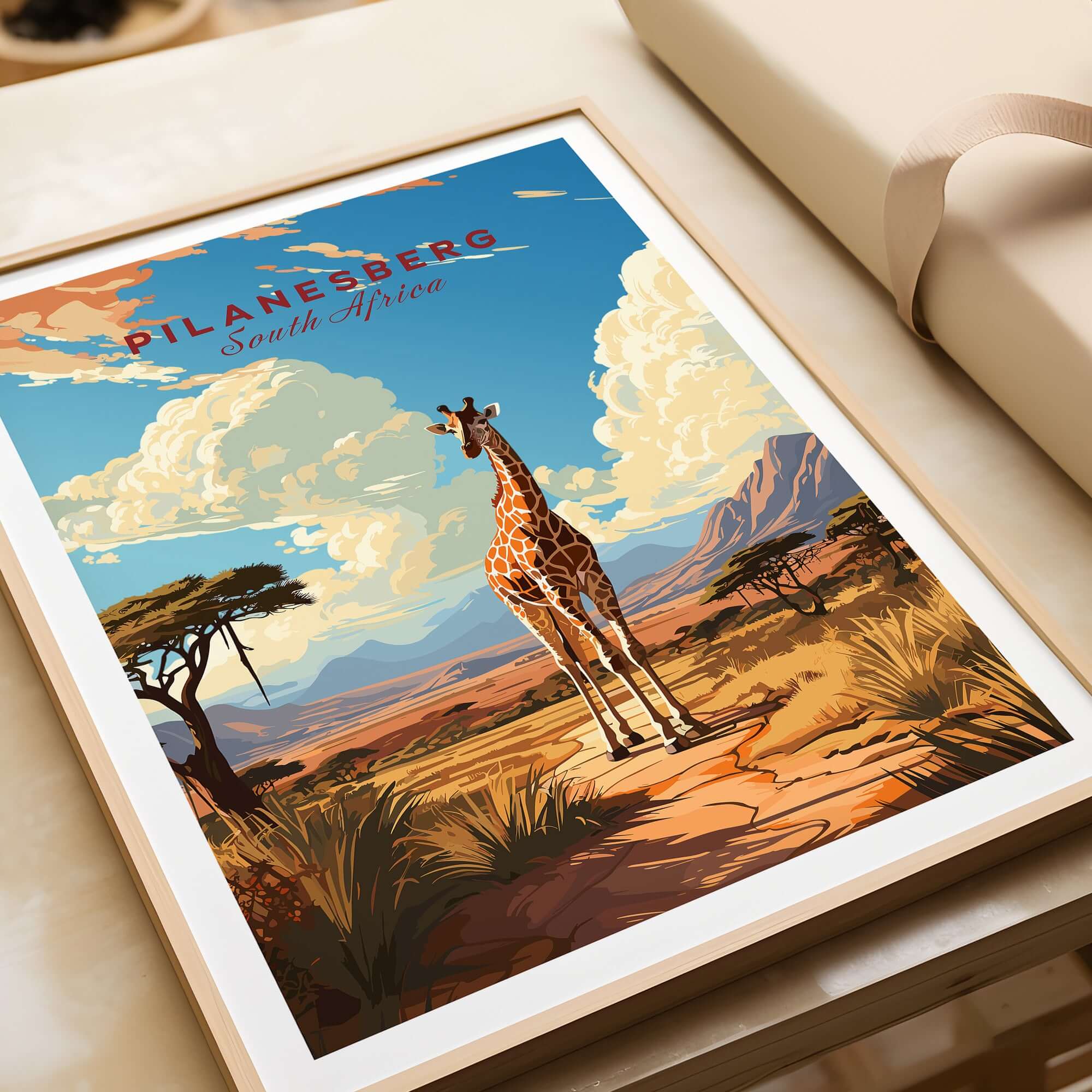 Pilanesberg South Africa Giraffe Safari Print - African Wildlife Wall Art, featuring a giraffe against a vibrant landscape.