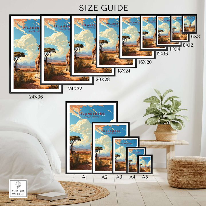 Size guide for Pilanesberg Giraffe Safari Print showcasing different frame sizes and dimensions.