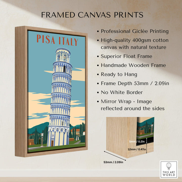 Pisa Italy Leaning Tower Art Print | Travel Poster framed canvas print with wooden frame and Giclée printing.