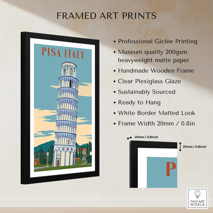 Pisa Italy Leaning Tower Art Print | Travel Poster in a framed display showcasing modern design and high-quality materials.