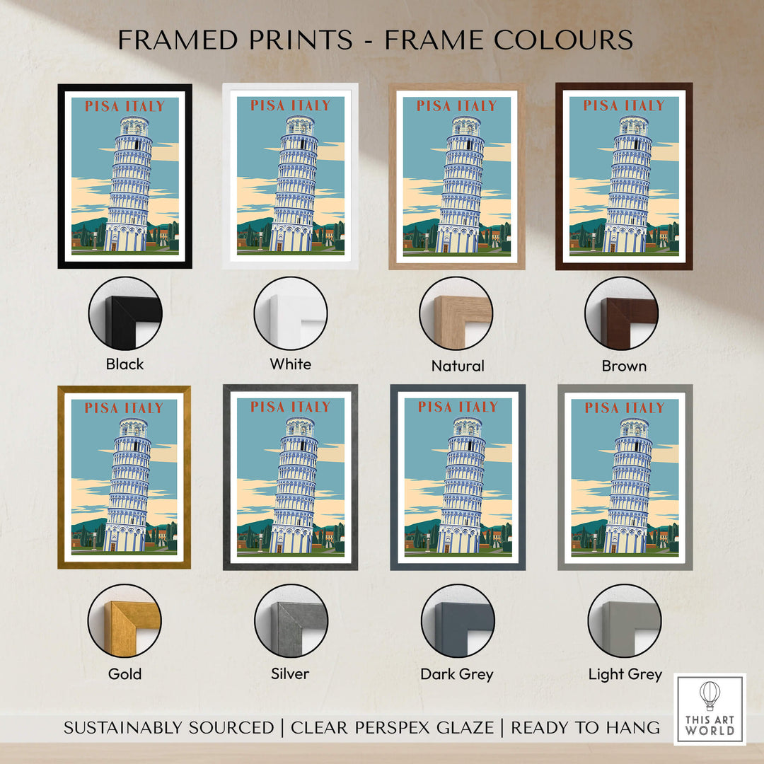 Pisa Italy Leaning Tower Art Print | Travel Poster framed in various colors including black, white, natural, and brown.